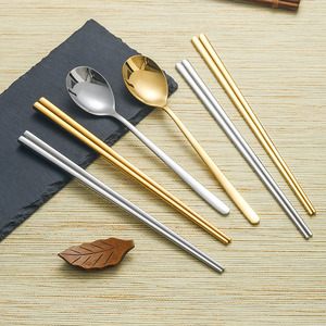 304韩式不锈钢筷子金色勺子韩国料理实心扁筷烤肉餐具家用方筷1双