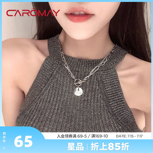 CAROMAY圆牌字母双层叠戴项链女简约复古银色锁骨链小众个性颈链