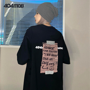 404MOB个性涂鸦贴纸标签印花T恤男女潮流ins创意趣味宽松圆领短袖