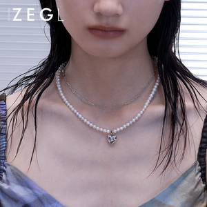 ZEGL淡水珍珠爱心双层项链女年轻款复古吊坠叠戴锁骨链颈链配饰品