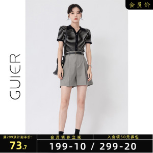 「GUIER」单排扣Polo领短袖T恤女夏季薄款条纹开衫修身小众上衣服