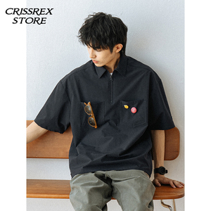 Crissrex Store 714street 日系休闲宽松情侣多口袋半拉链POLO衫