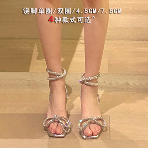 水钻蝴蝶结透明凉鞋女22年新款夏网红一字带粗跟高跟鞋设计感小众