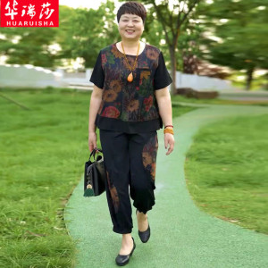 中老年女套装奶奶夏装短袖T恤胖妈妈两件套夏季太太加肥大码衣服