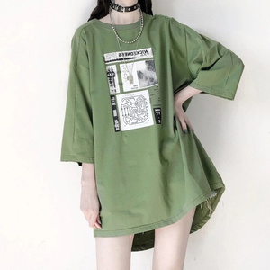 日系复古抹茶绿短袖T恤女夏季原宿风学生百搭中长款半袖上衣ins潮