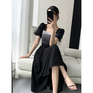 果哥定制黑色连衣裙女2022年夏季新款方领法式气质显瘦赫本风长裙