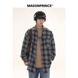 MASONPRINCE 新款定制褪色黑灰格纹防晒衬衫长袖男宽松复古薄外套