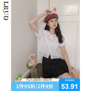 LRUD娃娃领衬衫短袖夏季女装2022新款蕾丝短款泡泡袖上衣白色衬衣