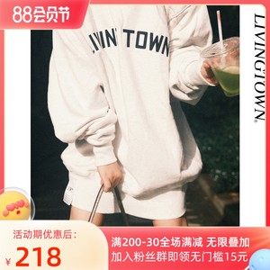 LivingTown 日系重磅全棉刺绣宽松情侣日系复古灰色休闲套头卫衣