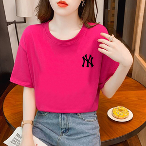 玫红色短袖t恤女夏季新款设计感小众宽松圆领半袖纯棉字母上衣ins