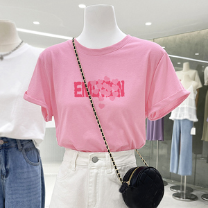 韩系粉色字母t恤少女圆领短袖2022夏季新款纯棉减龄别致chic上衣