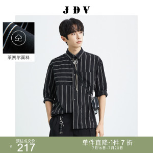 JDV男装2022夏季新品黑色条纹方领时尚短袖中袖衬衫莱赛尔上衣