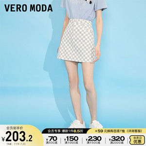 Vero Moda2022新款纯棉时尚高腰棋盘格修身短裙牛仔半身裙夏女