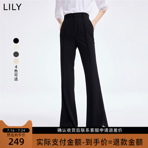 LILY2022夏新款女装气质开叉微喇休闲裤高腰显瘦凉凉裤黑色长裤