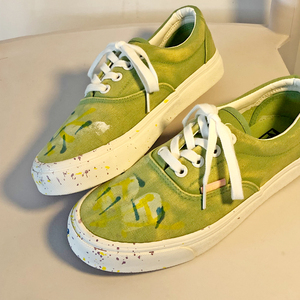 小众原创设计草绿色泼墨帆布鞋女涂鸦学生百搭韩版街拍板鞋ins潮