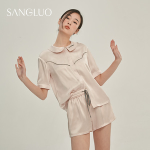 SANGLUO真丝睡衣套装短袖基础款100%桑蚕丝条纹家居服女可外穿夏