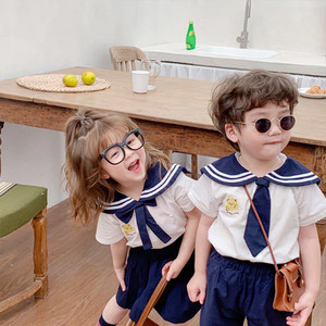卡通学院风兄妹装2022夏季新款儿童海军领男女童短袖T恤裙裤套装
