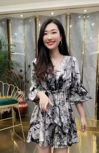 大码女装时尚套装款韩版宽松遮肚子雪纺水墨印花连衣裙短裤两件套