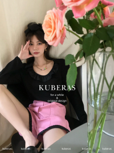 KUBERAS/时髦法式缎面拼接大u领小翻领针织T恤宽松亲肤防晒长袖T