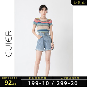 「GUIER」双纽扣牛仔短裤女夏季2022新款高腰翻边设计感小众热裤