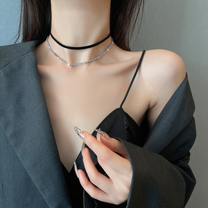 LACELIPS韩国简约设计黑色皮革双层闪钻项链女轻奢小众气质锁骨链