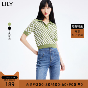 LILY2022夏新款女装复古棋盘格POLO领短款小上衣轻薄套头针织衫