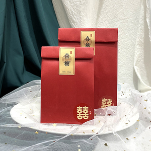 创意中式糖盒红色牛皮纸喜糖袋结婚伴手礼回礼包装袋可装烟免折叠