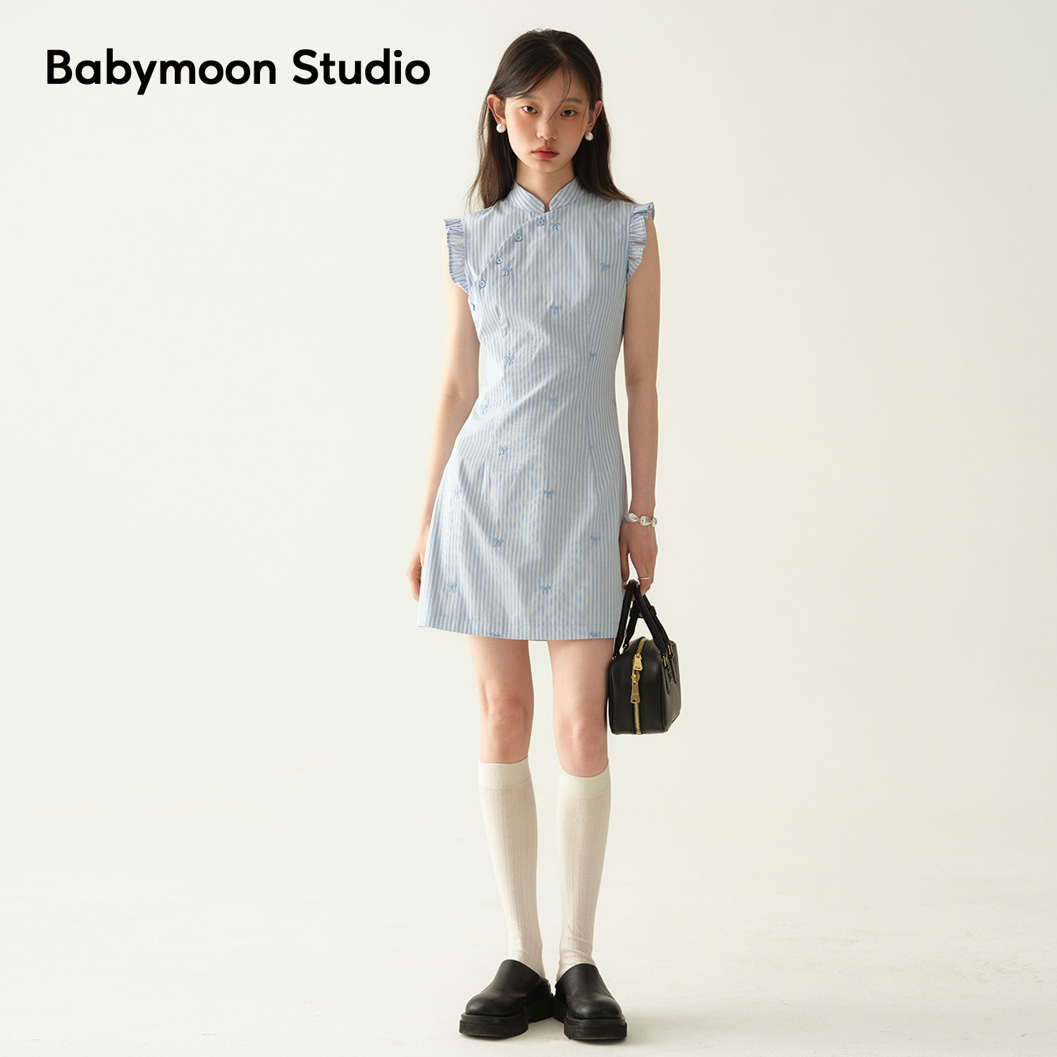 Babymoon/ новое приталенное платье-ципао в китайском стиле, улучшенное в китайском стиле, новая полосатая юбка с вышивкой, женская летняя короткая юбка