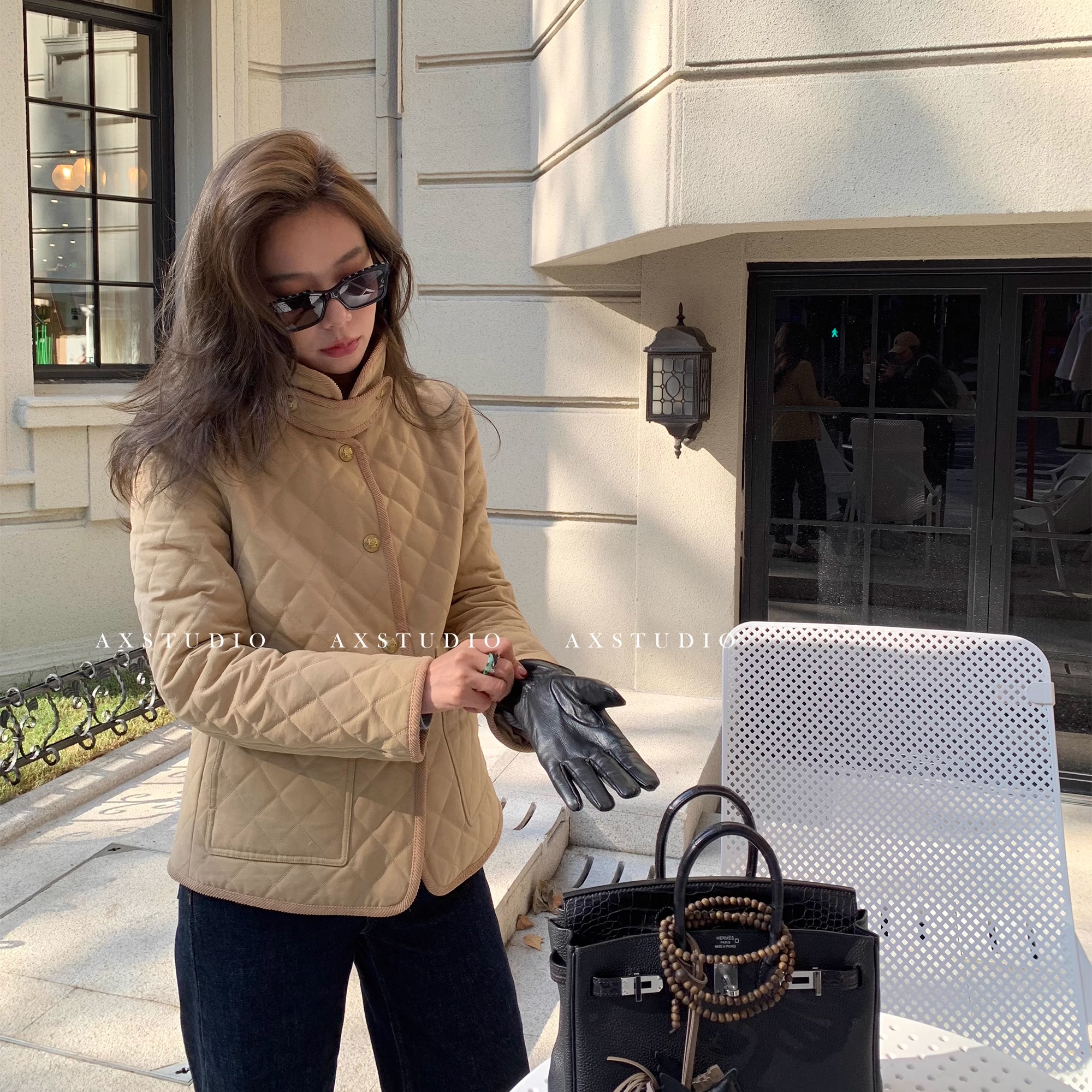 Хлопчатобумажная куртка в ромбическую клетку цвета хаки в клетку с блестящими кристаллами A Xin, короткая куртка с металлическими пуговицами 