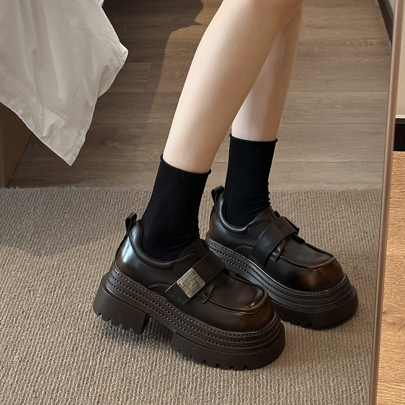 Women's Black British Style Platform Leather Shoes, Spring/Autumn 2026, Chunky Heel...