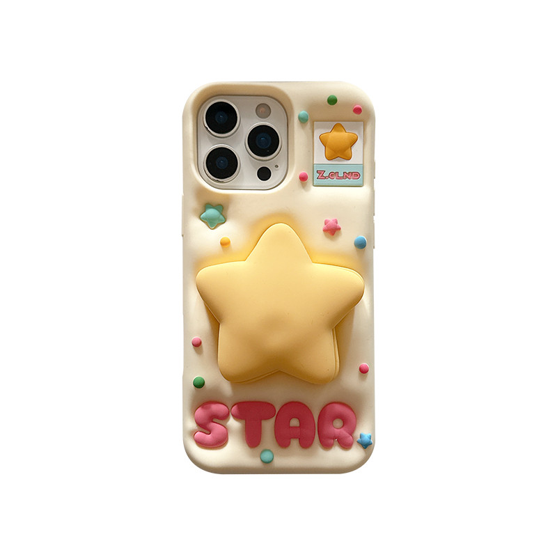 UFULL :) 3D yellow star mirror stand for Apple iPhone 16 Pro Max, iPhone 17, 15 Pro, cute and soft silicone full-coverage case for 14/13cm sizes.