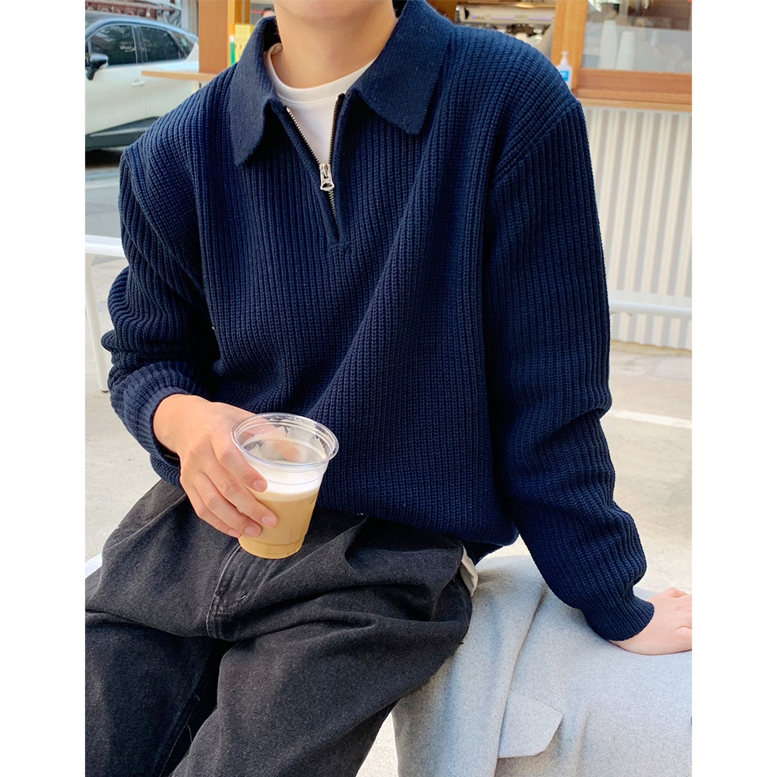 Новинка 2025 года, свитер с лацканами, мужская корейская версия простой однотонной вязаной рубашки поло ins, универсальная куртка на молнии