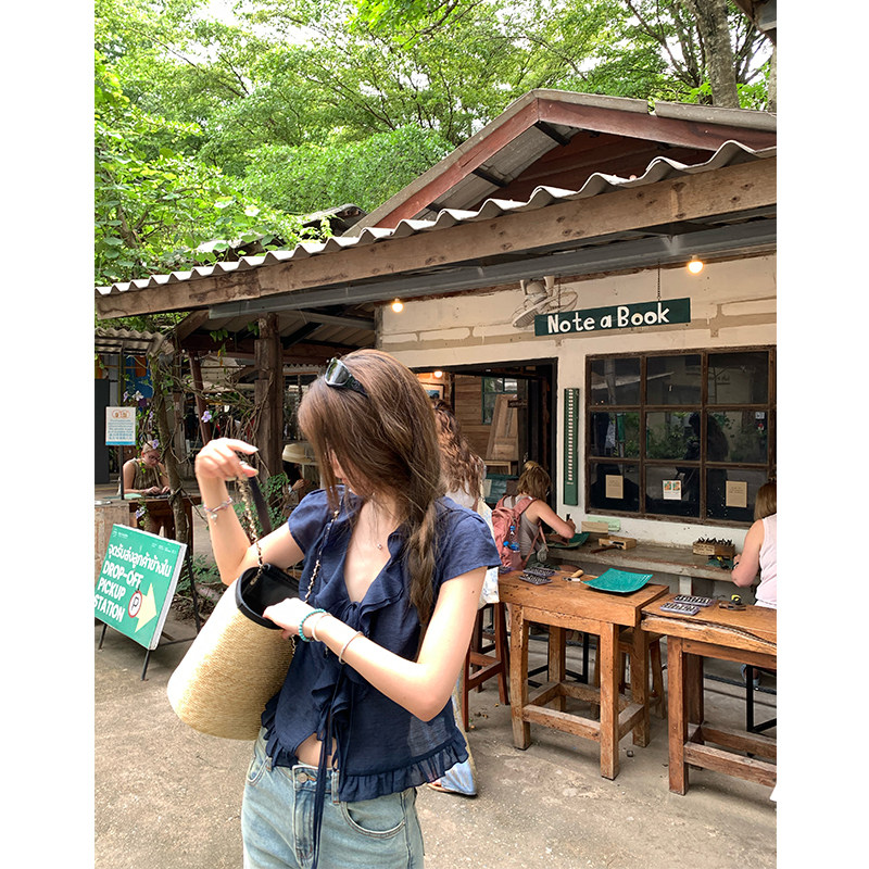 ASHENONLINE Long Island Iced Tea Wood Ear Темно-синяя рубашка с V-образным вырезом, женская дизайнерская французская блузка на талии