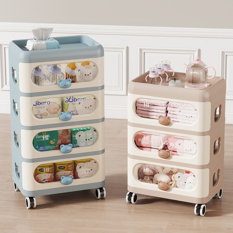 Thickened children's stroller drawer style storage cabinet with wheels, cartoon transparent baby feeding table, multi-layer household bedroom