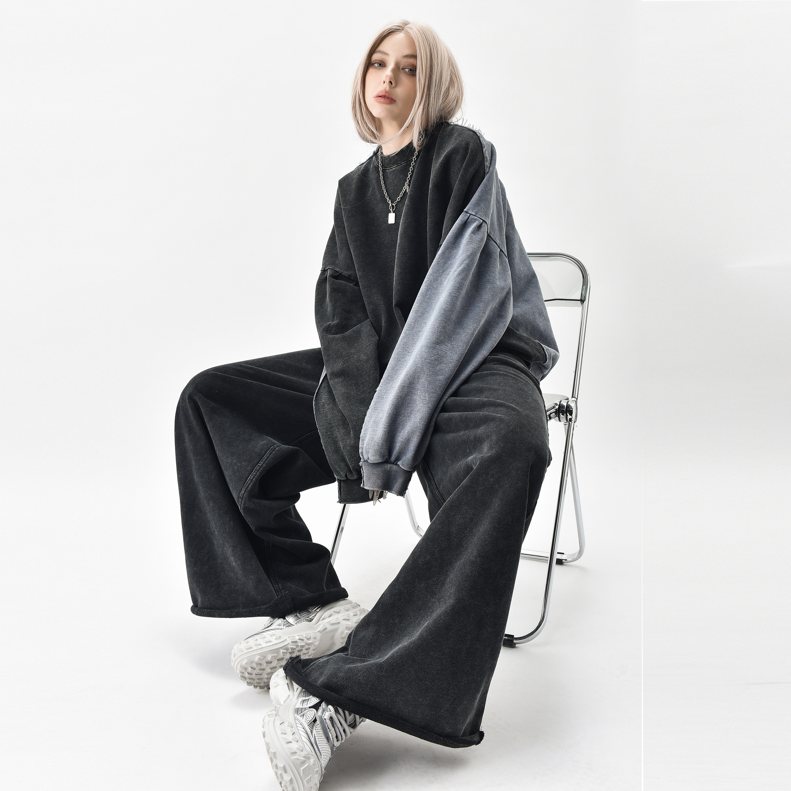 American retro autumn and winter pure cotton round neck couple sweatshirt double-sided color-blocking high street fashion brand men and womens same top