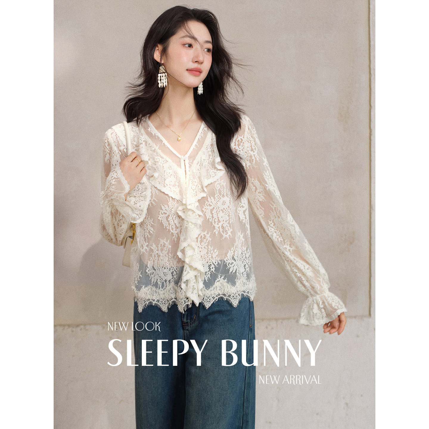 Кружевная шифоновая рубашка SLEEPYBUNNY с V-образным вырезом и пышными рукавами и оборками, женский весенний французский милый темпераментный топ