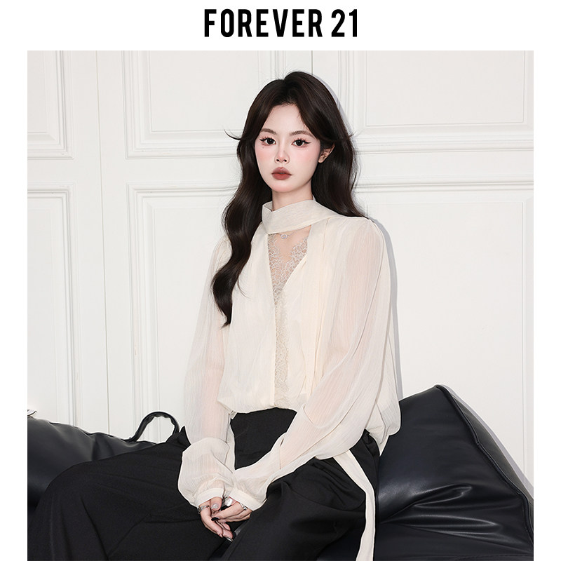 Тонкая рубашка с V-образным вырезом Forever21 atmosphere apricot streamer, женский весенний шифоновый топ с длинными рукавами-фонариками из французского кружева