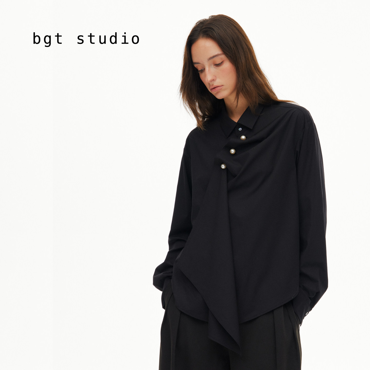 bgt studio 3D tailored slanted placket pleated shirt, original design black shirt