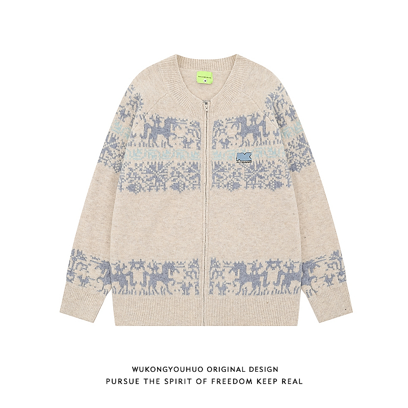 悟空 В наличии жаккардовый кардиган на молнии Fair Isle , свитер для мужчин и женщин , осенне-зимняя атмосферная свободная универсальная вязаная куртка