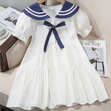 Girls' summer dress navy style short sleeved sailor suit pure cotton 2024 new summer college style cotton dress