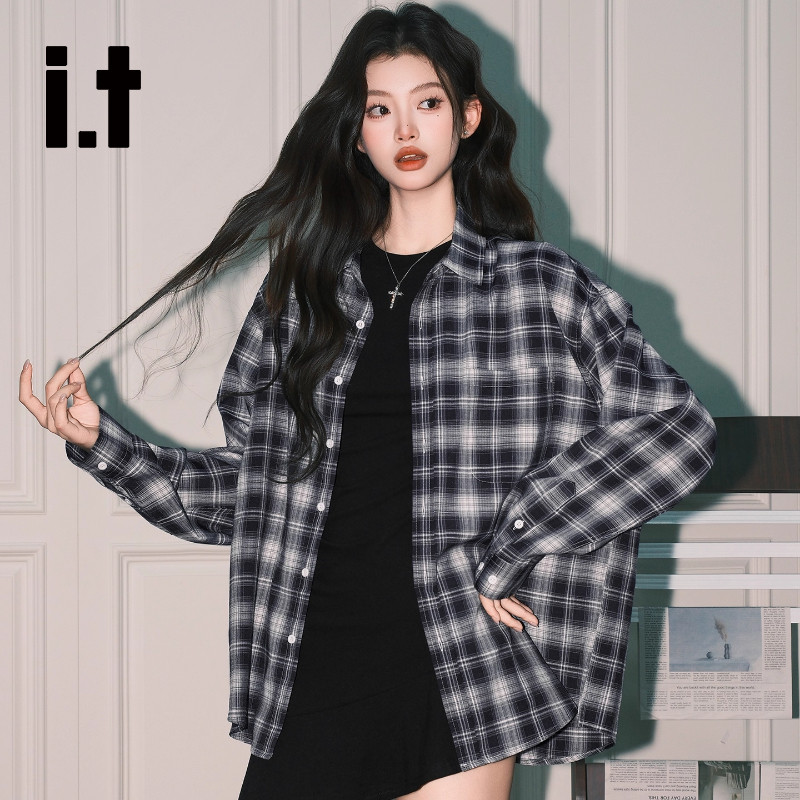 it:CHOCOOLATE American-style relaxed plaid long-sleeved shirt for women, a super popular retro loose cardigan top for early autumn.