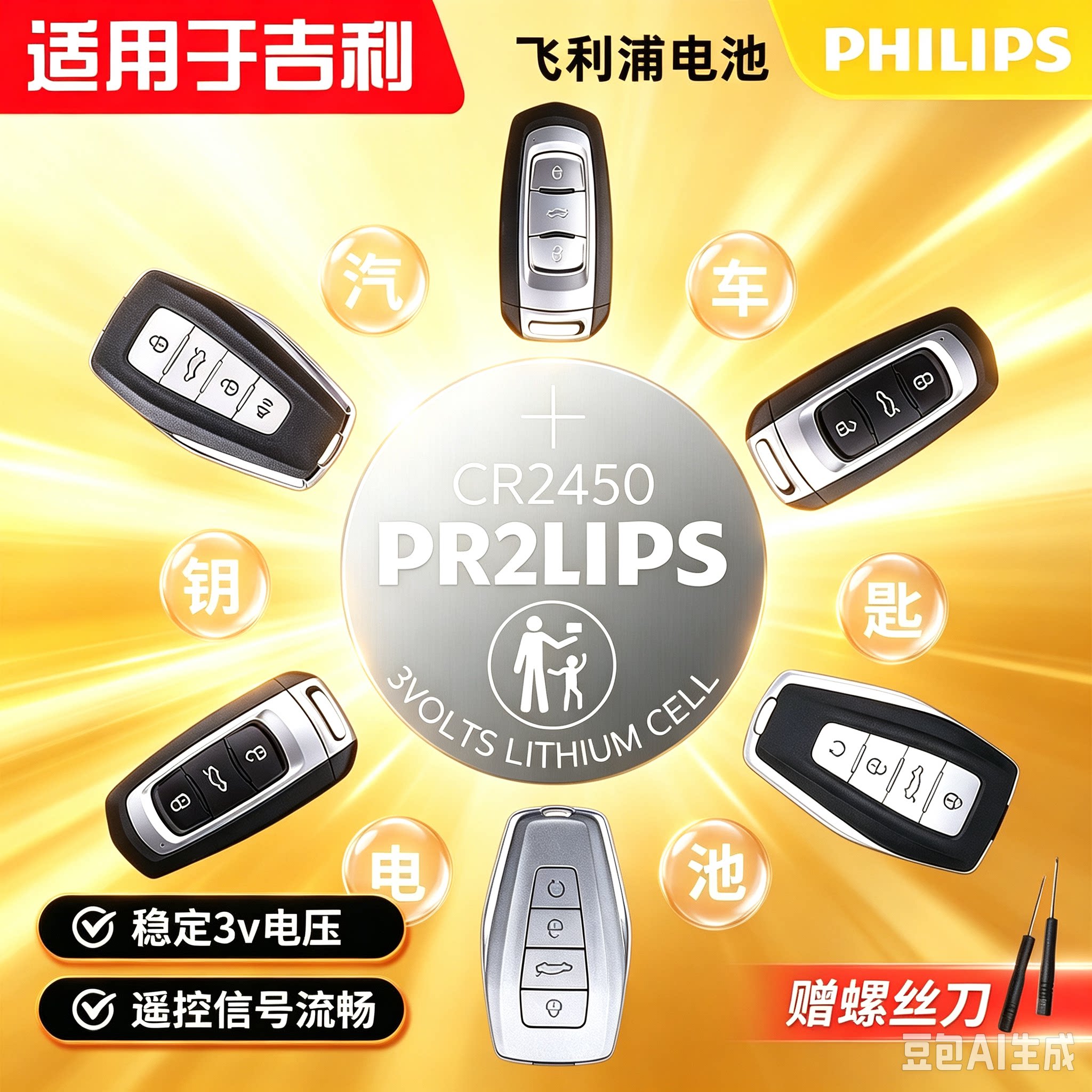 Кнопочный аккумулятор Philips CR2450 3V Geely Boyue Emgrand Binrui Binyue Электронный ключ от автомобиля с дистанционным управлением
