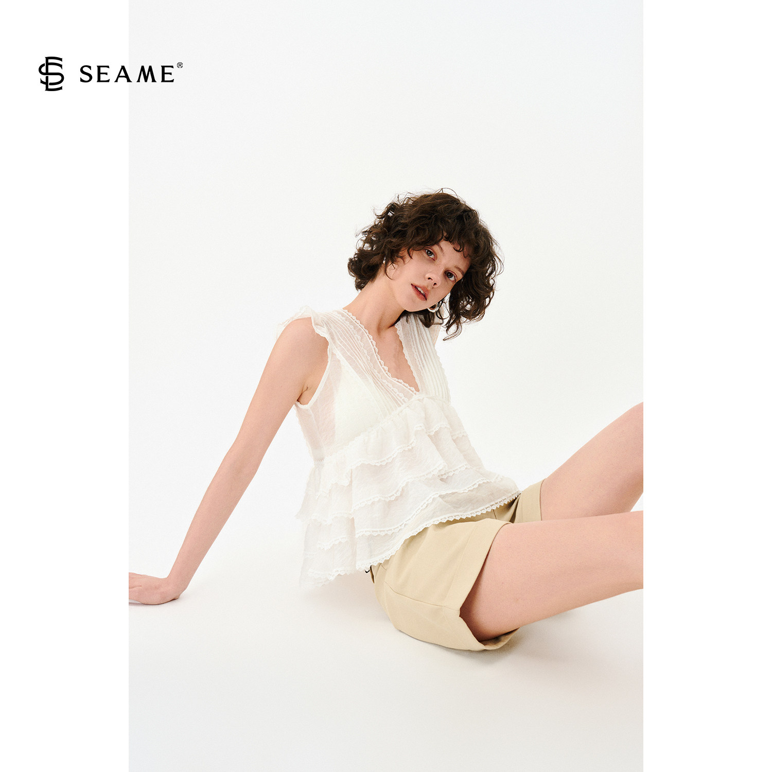 Seame 5/6【Скидка 15% на новые товары】 Романтическая кружевная шифоновая рубашка Bessel Tencel в стиле ретро с оборками