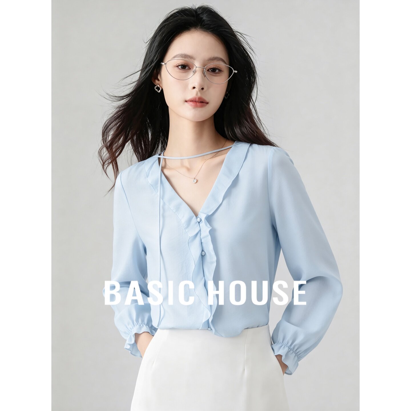 Basic House V-neck Ruffle Shirt Women's Autumn Long-sleeved Solid Color Shirt for Commuter Wear