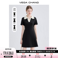 VEGA CHANG Premium Dress Women's Summer Small Polo Collar British Style Slim Commuter Black Dress