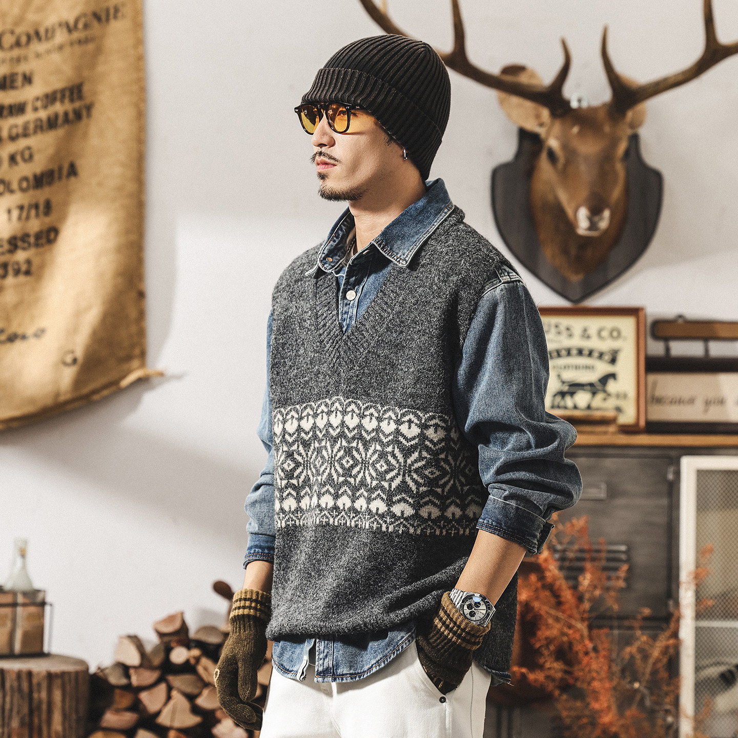 Американский ретро-свитер Fair Isle, жилет, мужской зимний теплый кардиган, свободный свитер без рукавов, жилет-жилетка