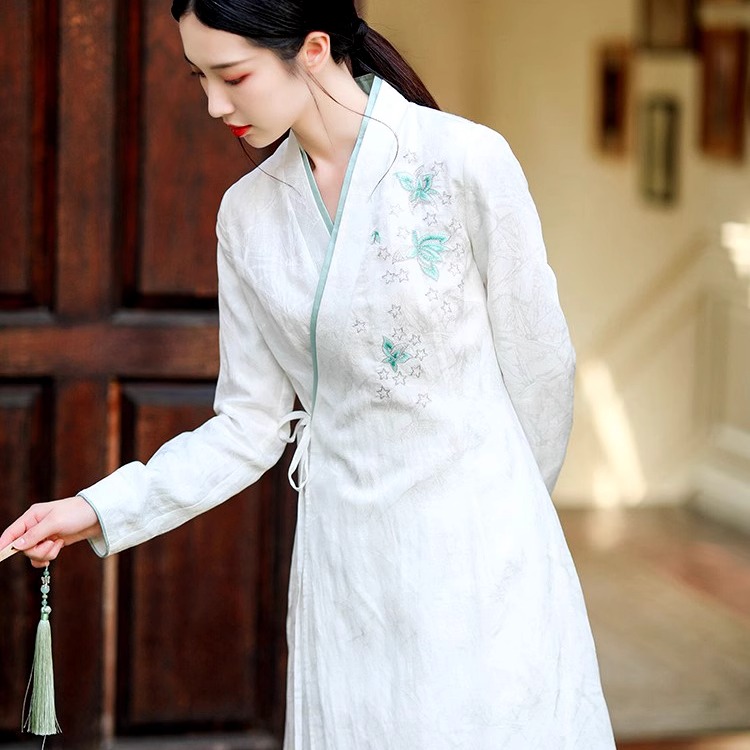 Улучшенное платье чонсам Hanfu с перекрестным воротником и шнуровкой, вышитое из хлопка и льна, женское платье для чаепития в китайском стиле дзен, женское весеннее платье