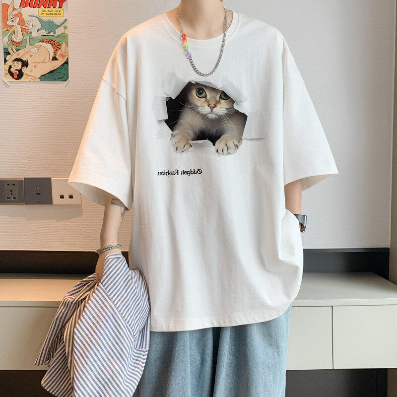 Футболка из плотного хлопка весом 300 г с короткими рукавами, мужская летняя свободная пара, повседневная футболка с короткими рукавами и рисунком кота, тренд