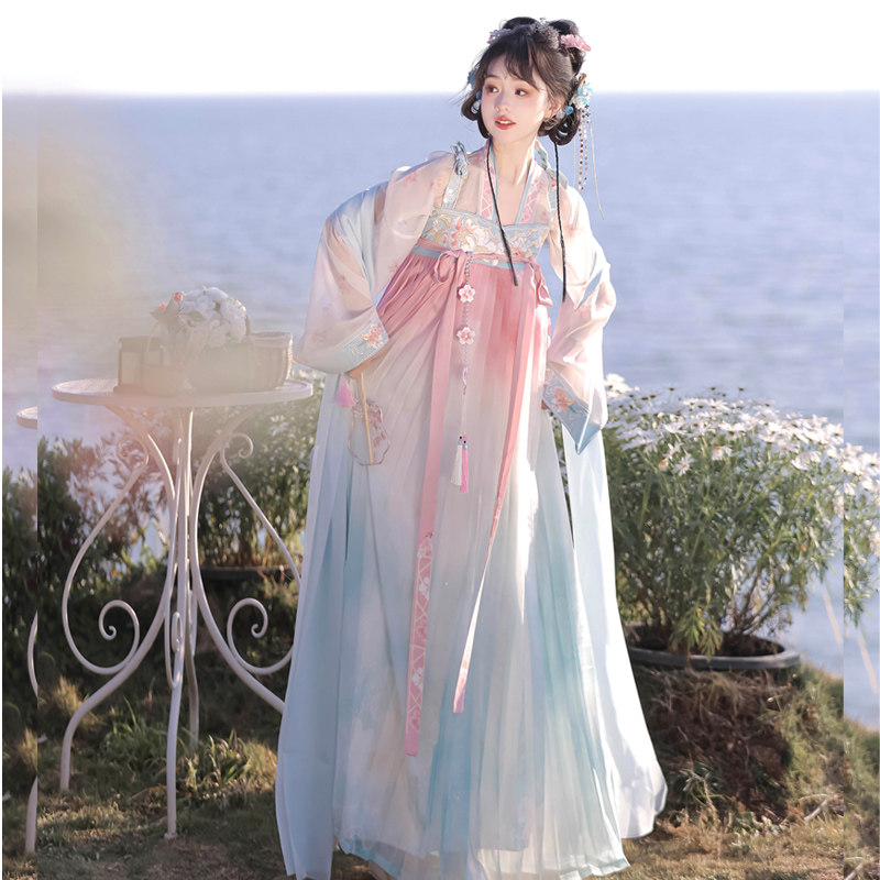 Женская модель Hanfu от Wu Xinyi original [Chun Haitang], сшитая в стиле Тан, с прямым вырезом, планкой и юбкой до груди, повседневный сказочный стиль, весенне-летний новый стиль