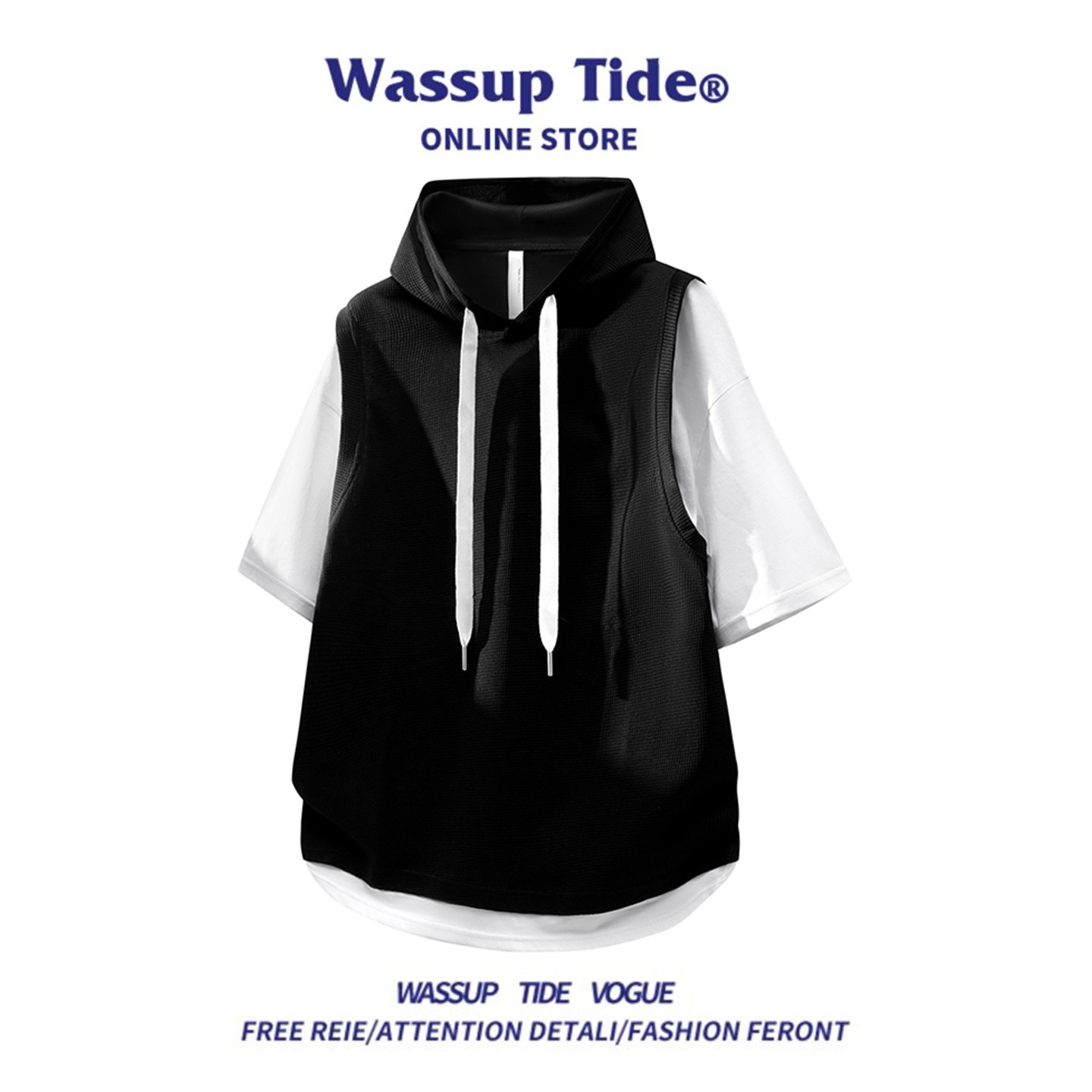 WASSUP TIDE/ поддельная футболка с капюшоном и короткими рукавами из двух частей, пуловер в повседневном стиле для мужчин и женщин, свободная повседневная футболка, топ